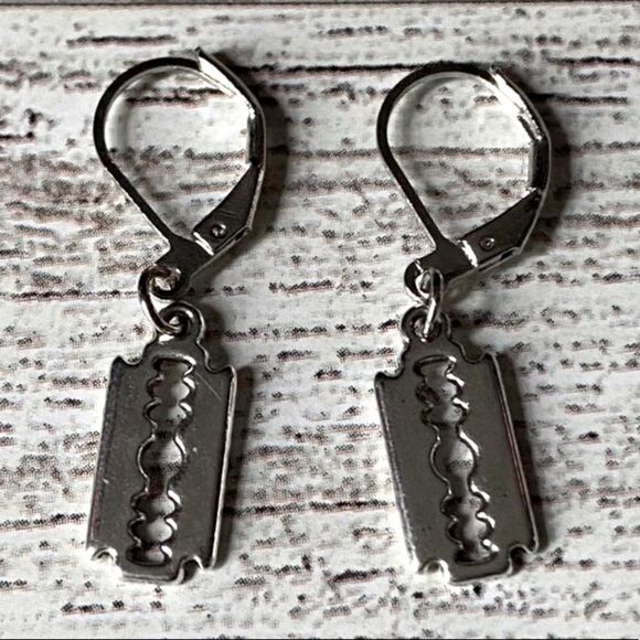 Dainty, Faux Razor Blade, Nickel Free, Small Hoop Earrings - Picture 2 of 6